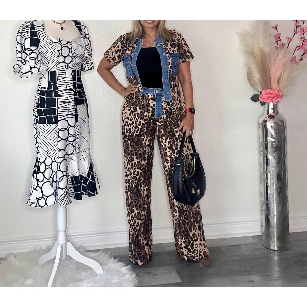 NEW MUY MUY FANCY animal print denim contrast set in brown multi